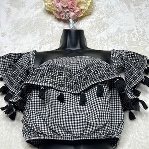 American Eagle outfitters black and white ruffle halter top with tassels